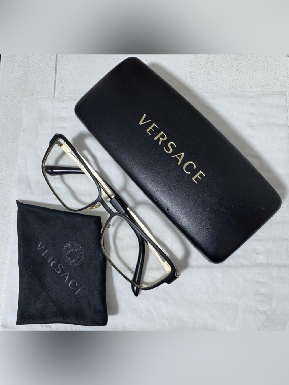 Versace MOD 1236 Matte Black & Pale Gold Rectangular Eyeglass Frames w/ Case